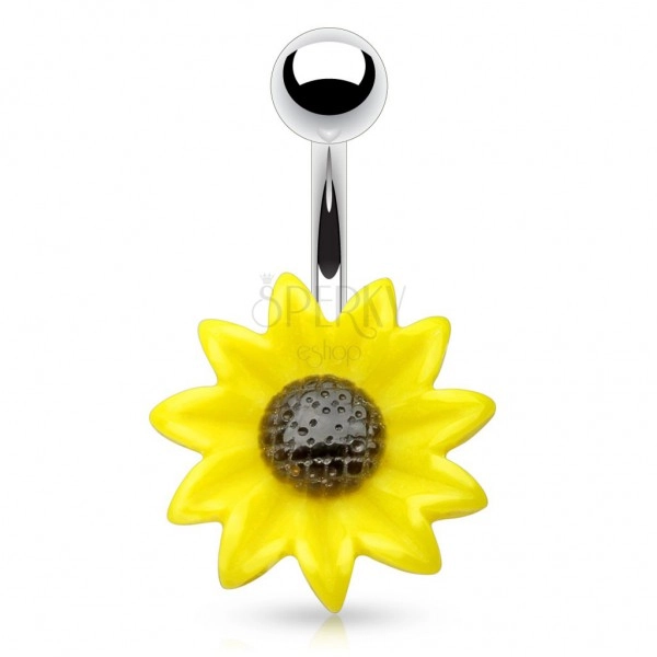 Piercing pentru buric, din oțel, floarea-soarelui galben cu negru