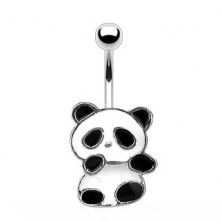 Piercing pentru buric din oțel - panda cu smalț alb și negru
