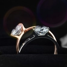 Inel de logodnă din oțel, culoare cuprului, zirconiu rotund, transparent, brațe strălucitoare