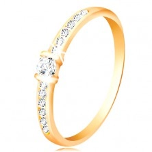 Inel din aur 14K - brațe strălucitoare, transparent, zirconiu rotund, proeminent, culoare transparentă