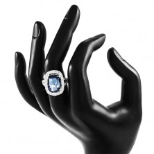 Inel din argint 925, zirconiu mare de culoare albastră și margine transparentă