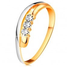 Inel cu diamant din aur 18K, brațe ondulate bicolore, trei diamante transparente