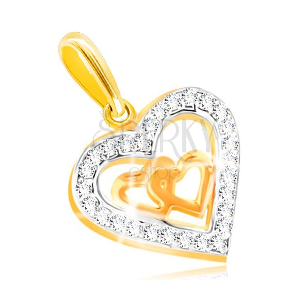 Pandantiv din aur 585 în două culori -  două inimi mici în contur inimă, zirconi