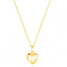 Pandantiv din aur 14K - inimă cu dungi diagonale din aur alb, raze în jur