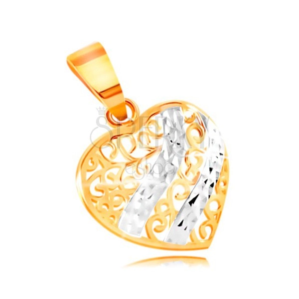 Pandantiv din aur 585 - inimă rotunjită decorată cu filigran și linii curbate din aur alb