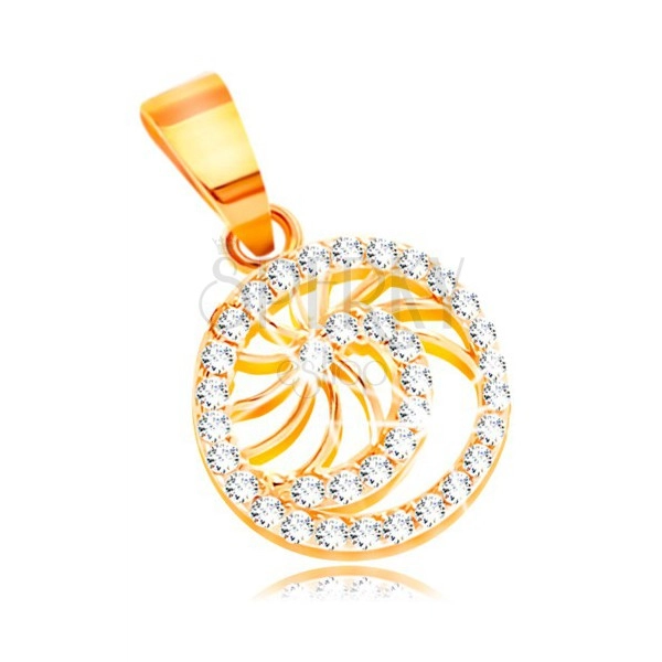 Pandantiv din aur 585 - spirală lucioasă cu zirconiu transparent, raze fine lucioase