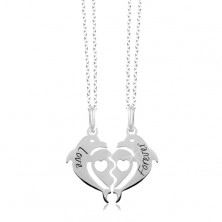 Două coliere din argint 925 - inimă formată din doi delfini, Love Forever