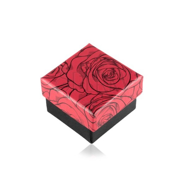 Cutie cadou pentru inel sau cercei, cu trandafiri, combinație negru-roșu