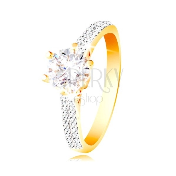 Inel din aur 14K - zirconiu transparent, strălucitor în montură decorativă, brațe din zirconii