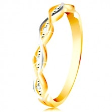 Inel din aur galben și alb de 14K - valuri împletite cu zirconii