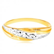 Inel din aur 585 - linie din aur alb și galben, suprafață strălucitoare tăiată