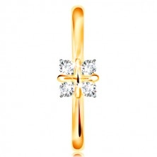 Inel din aur de 14K - brațe strălucitoare, patru zirconii transparente, cruce în mijloc