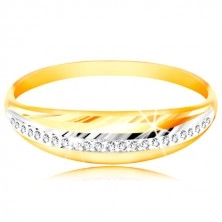 Inel din aur de 14K - suprafață proeminenta cu o linie de aur alb si zirconii transparente