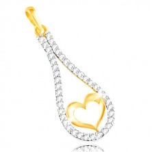 Pandantiv din aur 14K - Contur de inimă în contur de lacrimă cu zirconii