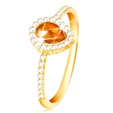 Inel din aur galben de 14K - zirconiu portocaliu în formă de lacrimă, zirconii transparente