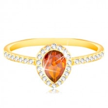 Inel din aur galben de 14K - zirconiu portocaliu în formă de lacrimă, zirconii transparente