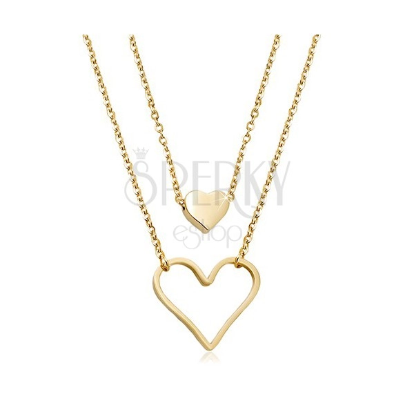 Colier din oțel inoxidabil auriu, inimă mică și contur de inimă mare, două lanțuri