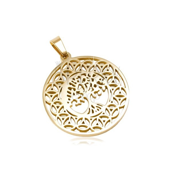 Pandantiv rotund din oțel 316L auriu, copacul vieții, ornamente