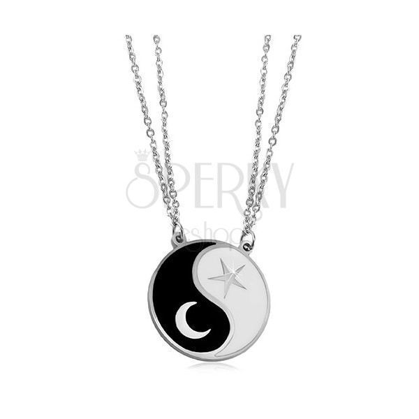 Coliere din oțel, două lanțuri, simbolul Jin Jang, o lună și o stea