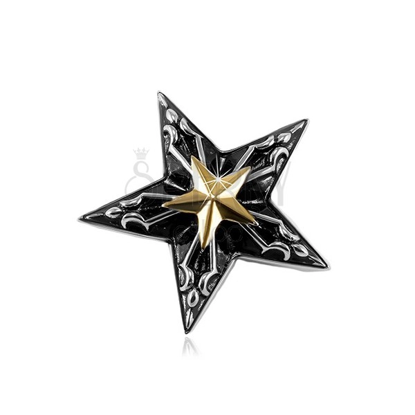 Pandantiv din oțel, stea mare neagră cu o stea mai mică aurie în mijloc