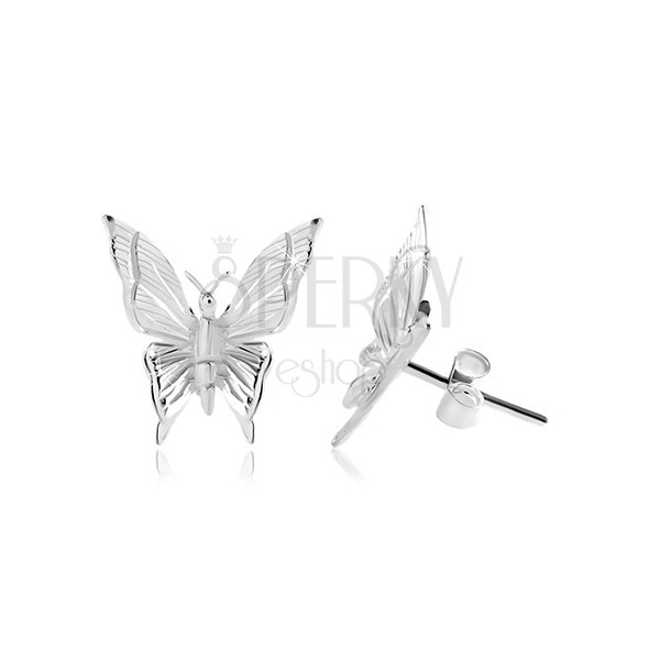 Cercei din argint 925, fluture cu linii gravate pe aripi