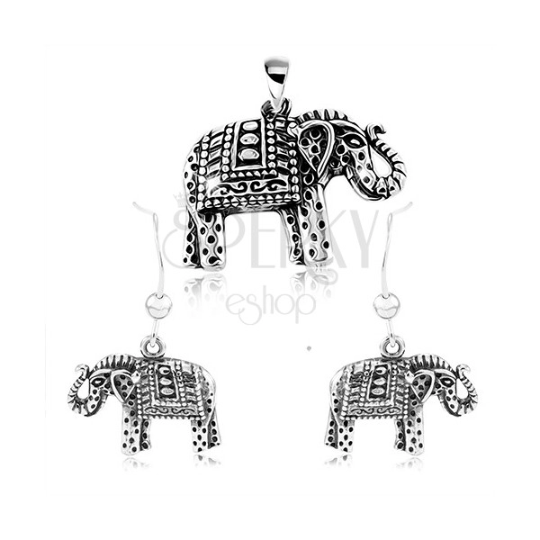 Set din argint 925, cercei și pandantiv - elefant cu gravuri și patină neagră