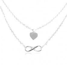 Colier din argint 925, lanț dublu, inimă și simbolul infinitului