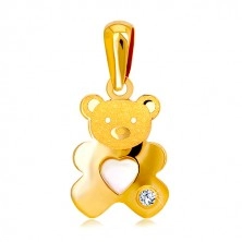 Pandantiv din aur galben 585 - urs cu inimă perlată și zirconiu transparent