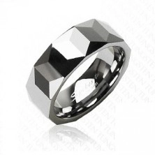 Inel din tungsten de culoare argintie, suprafaţă cu model geometric, 8 mm