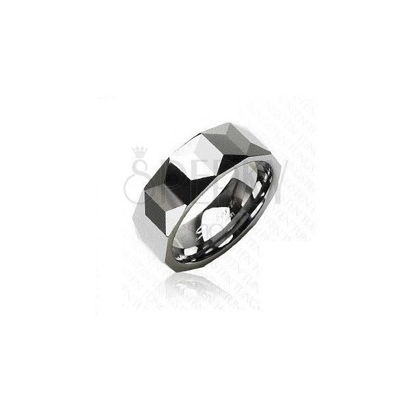 Inel din tungsten de culoare argintie, suprafaţă cu model geometric, 8 mm