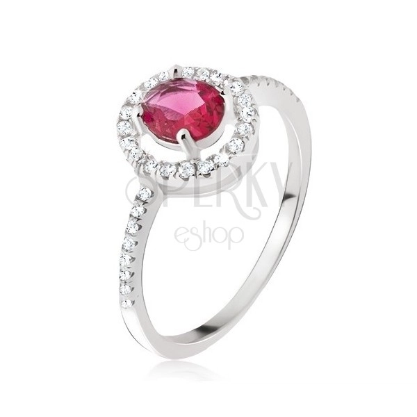 Inel din argint 925, zirconiu rotund roz închis în montură decorativă