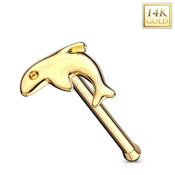 Piercing din aur galben de 14K pentru nas - formă dreaptă, delfin