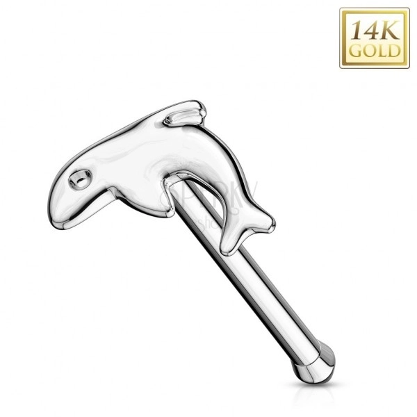 Piercing din aur alb de 14K pentru nas - formă dreaptă, delfin
