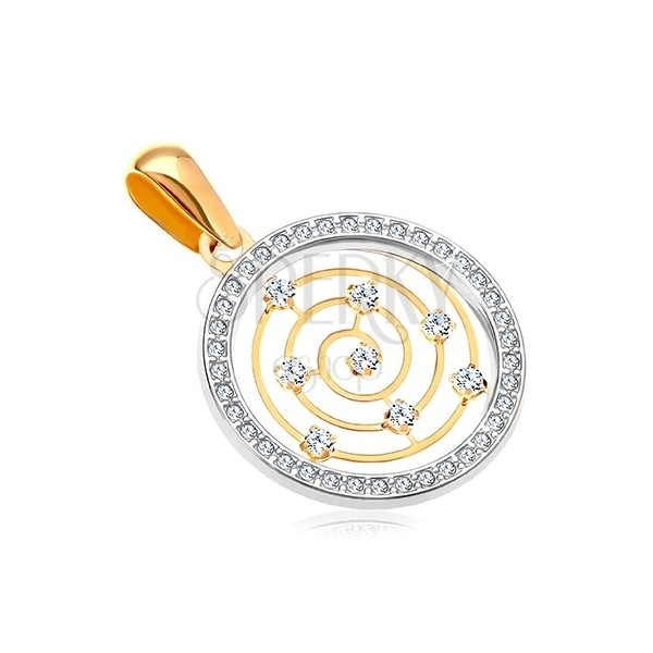 Pandantiv din aur de 14K - bandă din aur alb și zirconii, spirală subțire în centru