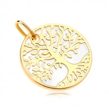 Pandantiv din aur 585 - cerc cu sidef alb, decorat cu copacul vieții