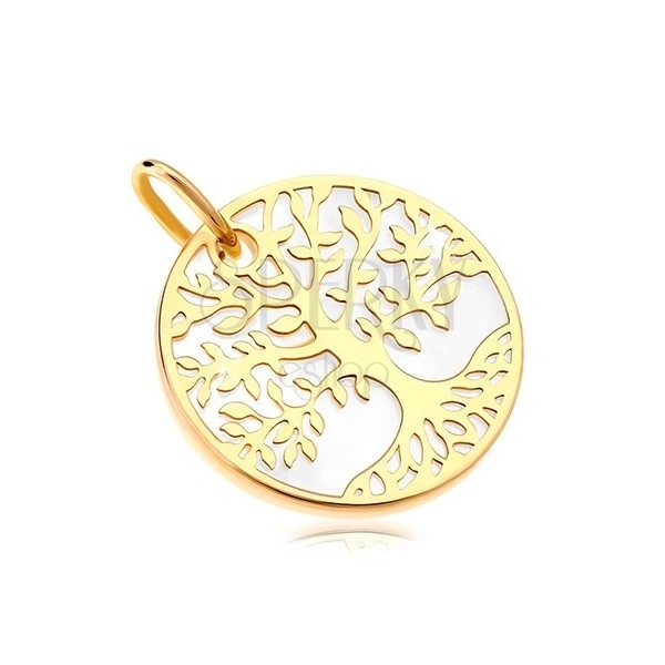 Pandantiv din aur 585 - cerc cu sidef alb, decorat cu copacul vieții