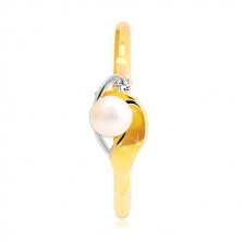 Inel din aur de 14 K, valuri în două culori, perla albă și diamant transparent