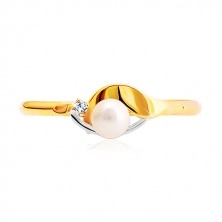 Inel din aur de 14 K, valuri în două culori, perla albă și diamant transparent