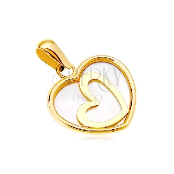 Pandantiv din aur galben de 14k - inimă cu suprafață perlată, contur mic de inimă