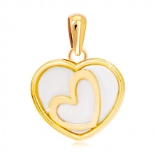 Pandantiv din aur galben de 14k - inimă cu suprafață perlată, contur mic de inimă