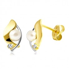 Cercei din aur de 14K - diamant transparent și perlă albă în picătură bicoloră