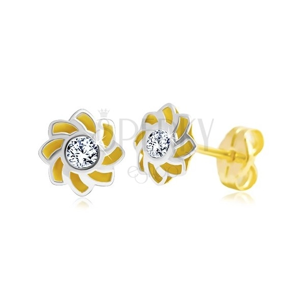 Cercei din aur de 14K - floare cu petale ascuțite și zirconii în mijloc 