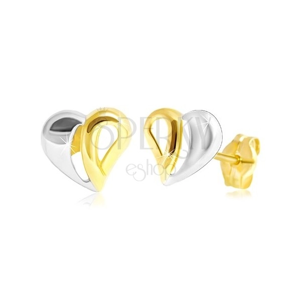 Cercei din aur de 14 K - inimă în două culori cu crestături