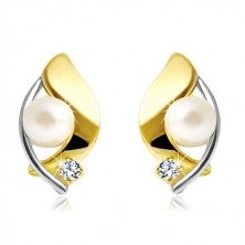 Cercei din aur de 14K, două culori, perlă albă și zirconiu transparent