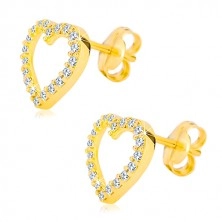 Cercei din aur galben de 14K - contur de inimă decorat cu zirconii transparente