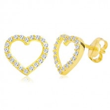 Cercei din aur galben de 14K - contur de inimă decorat cu zirconii transparente