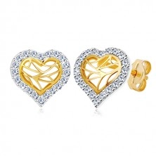 Cercei din aur 14K - inimă cu contur zirconiu și crestături în centru