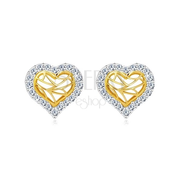 Cercei din aur 14K - inimă cu contur zirconiu și crestături în centru