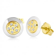 Cercei din aur de 14K - cerc cu zirconii transparente în centru, aur galben și alb