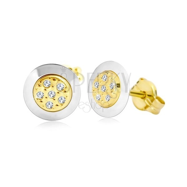Cercei din aur de 14K - cerc cu zirconii transparente în centru, aur galben și alb
